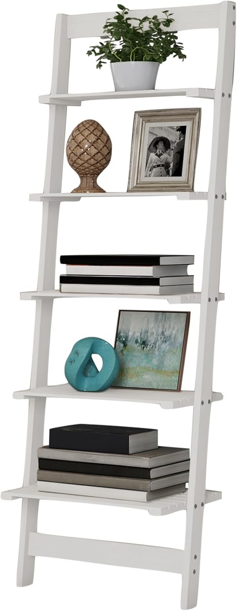 5-Tier Ladder Shelf, Narrow Leaning Bookshelf, White, 50" — Lavish Home