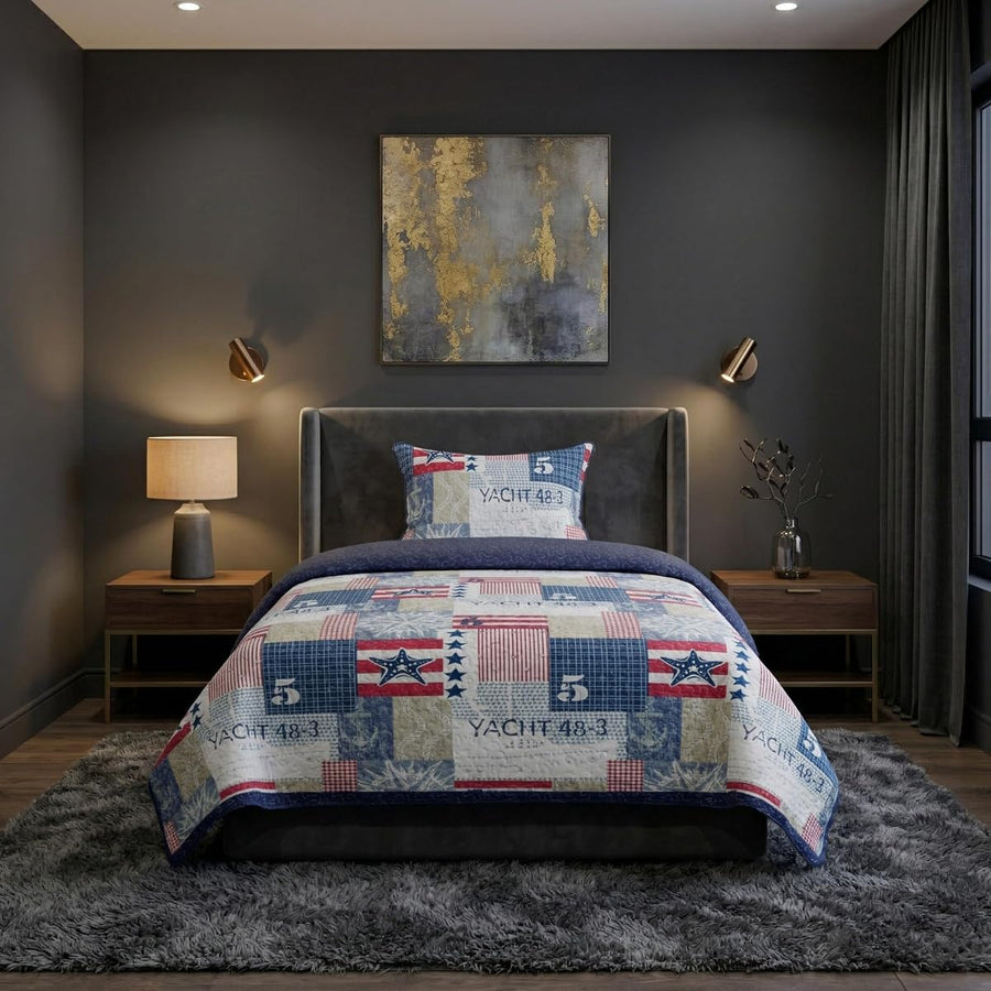 2-Piece Quilt Set - Nautical Americana Patchwork Print — Lavish Home