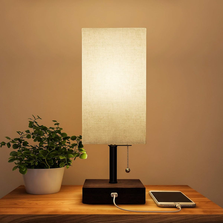 USB Rectangle Lamp with Wood Base-Modern Desk, (L)5”x (W)5”x (H)14” — Lavish Home