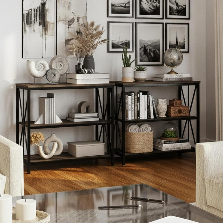 3-Tier Bookshelf Set - Set of 2 Industrial Style Wooden — Lavish Home