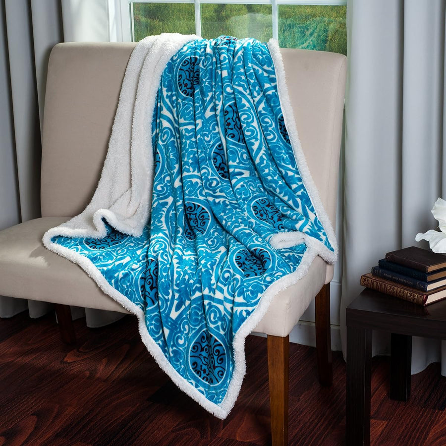 Printed Coral Soft Fleece Sherpa Throw Blanket, Blue — Lavish Home