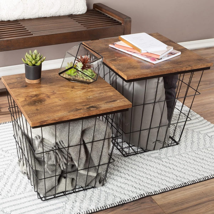 End Tables - Square Nesting Tables Set of 2, Brown Woodgrain
