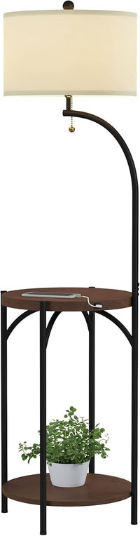 Floor Lamp with End Table, Dark Brown, Black, and Off-White view 1