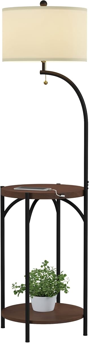 Floor Lamp with End Table, Dark Brown, Black, and Off-White