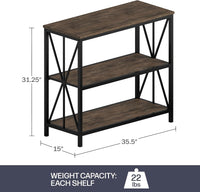 3-Tier Industrial Bookshelf, Brown Woodgrain, 35.5"x15"x31.25" view 2