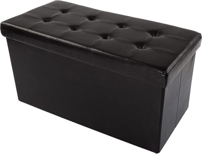 Storage Ottoman - Folding Faux Leather Footrest, Linen Chest, Black