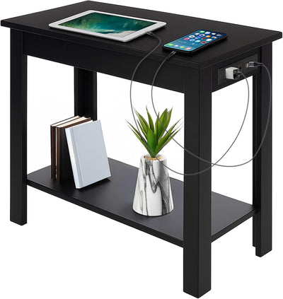 Narrow Side Table with Charging Station, Black, 24"x11"x22"