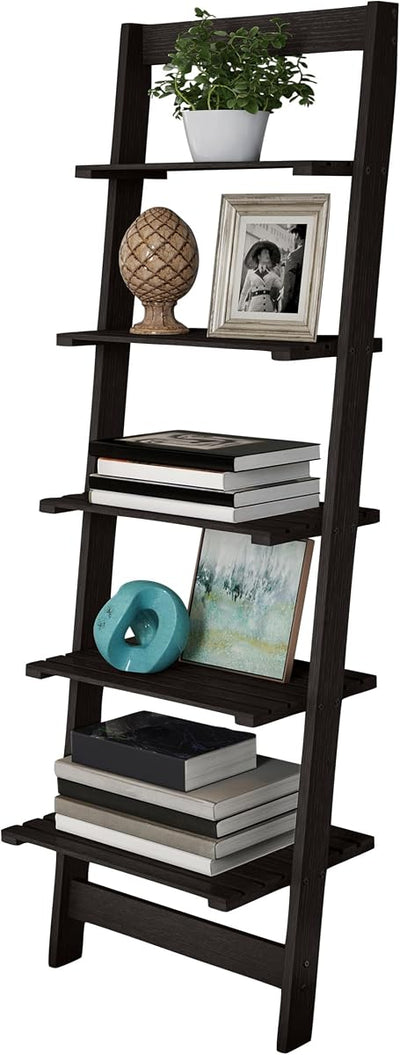 5-Tier Ladder Shelf - 50" Narrow Leaning Wood Bookcase