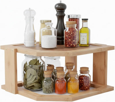 2-Tier Bamboo Corner Shelf for Kitchen or Bathroom Cabinet
