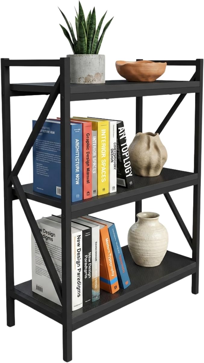 3 Tier Industrial Metal Bookshelf with Textured Storage &mdash; Lavish Home