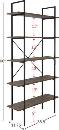 5 Tier Bookshelf w/Industrial Etagere Wooden Shelving view 5