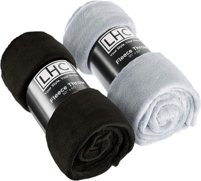 Fleece Throw Blanket-Set of 2-Navy Blue & Sand Plush 60"x50"