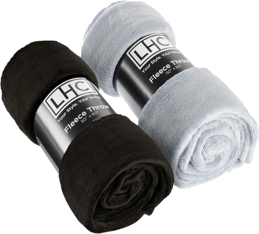 Fleece Throw Blanket-Set of 2-Navy Blue & Sand Plush 60"x50" &mdash; Lavish Home