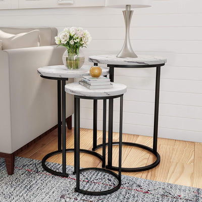 Round Nesting Tables Set of 3, Faux Marble Tabletop, White