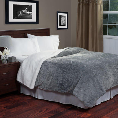 Floral Etched Fleece Blanket with Sherpa-F/Q-Gray