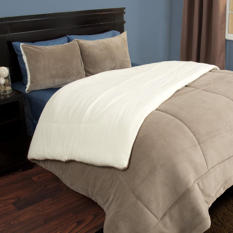 3 Piece Sherpa/Fleece Comforter Set - King - Taupe &mdash; Lavish Home