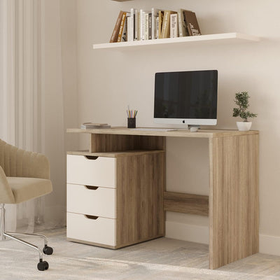 Computer Desk with 3-Drawer File Cabinet, Natural and White