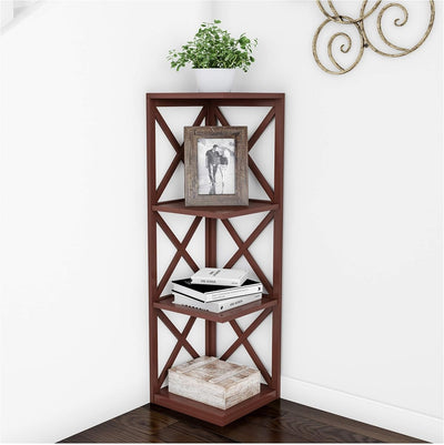 4-Shelf Corner Bookcase- Open Criss-Cross Style Etagere, Brown