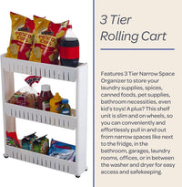 3 Tier Shelf Rolling Cart, White, 19.5" x 5" x 28" view 4