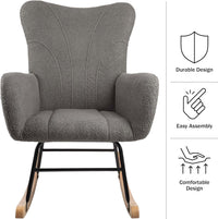 Rocking Chair - Teddy Fabric Upholstered Chair with Padded, Gray view 3