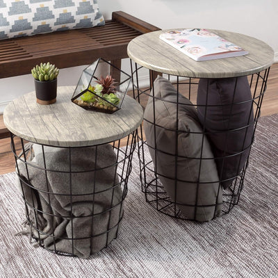 Round End Tables - Nesting Tables Set of 2, Gray/Black