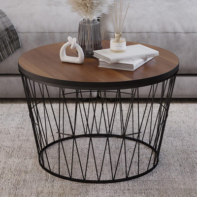 Round Coffee Table with Geometric Metal Base