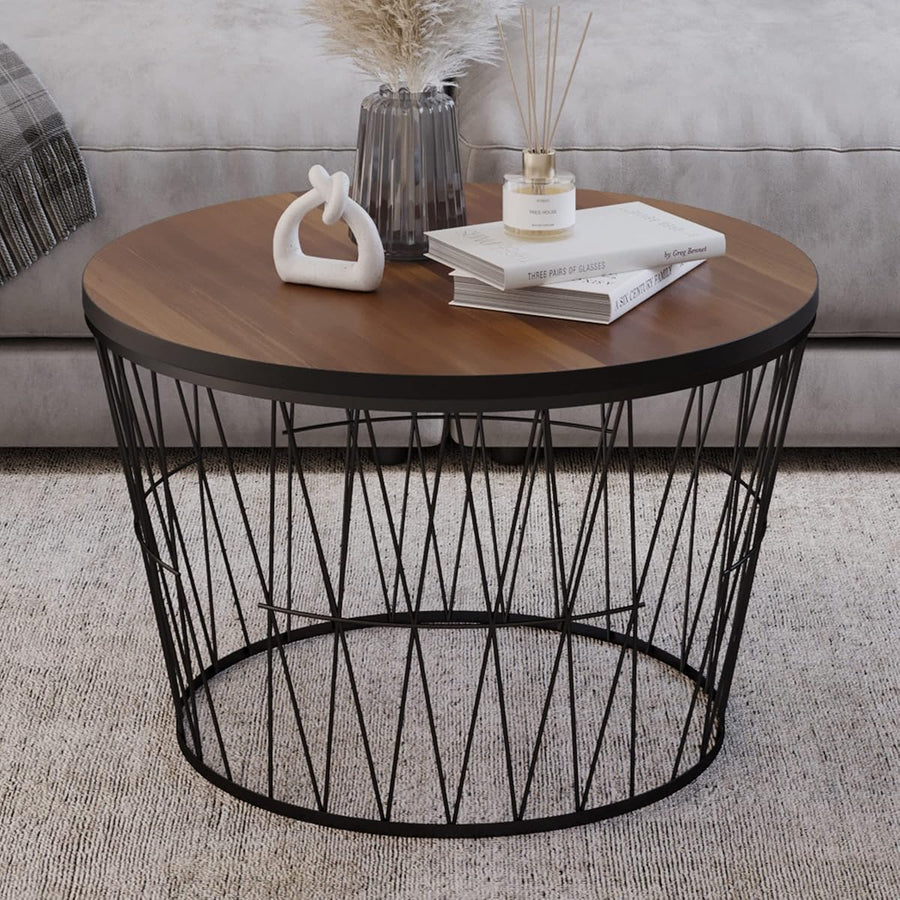 Round Coffee Table with Geometric Metal Base &mdash; Lavish Home