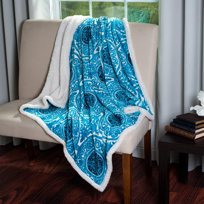 Printed Coral Soft Fleece Sherpa Throw Blanket, Blue